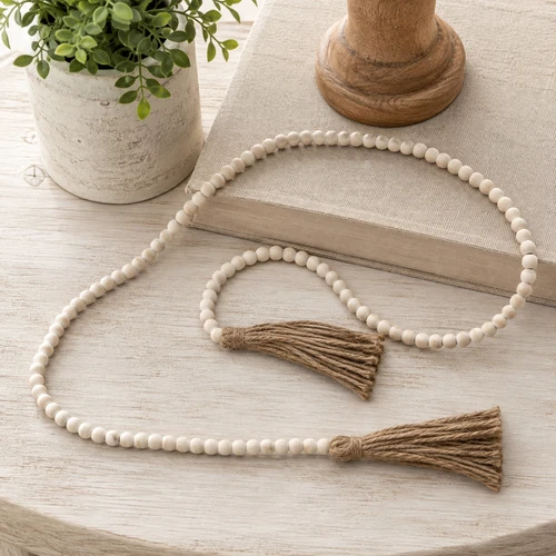 4' Washed Wood Bead Garland with Jute Tassels