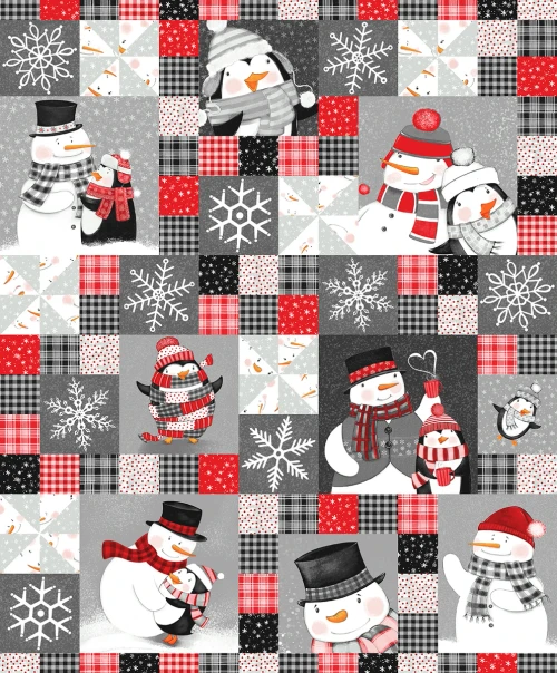 The Cool Club Snowman & Penguin Cheater Quilt FLANNEL Fabric