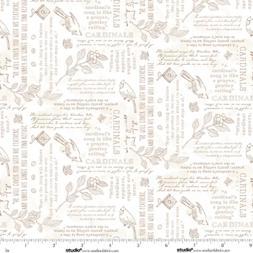 Cardinal Song Writings Cotton Fabric - Taupe on White