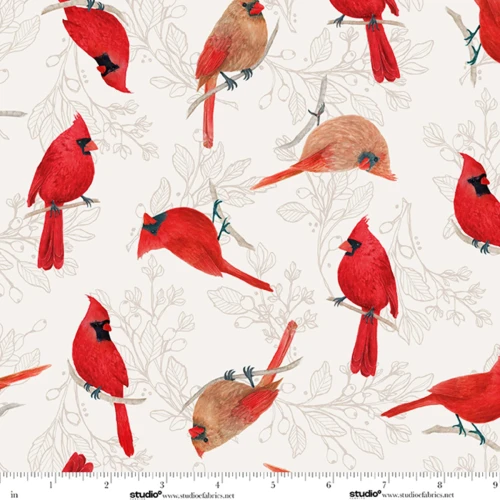 Red Cardinals on Botanical Branches Cotton Fabric