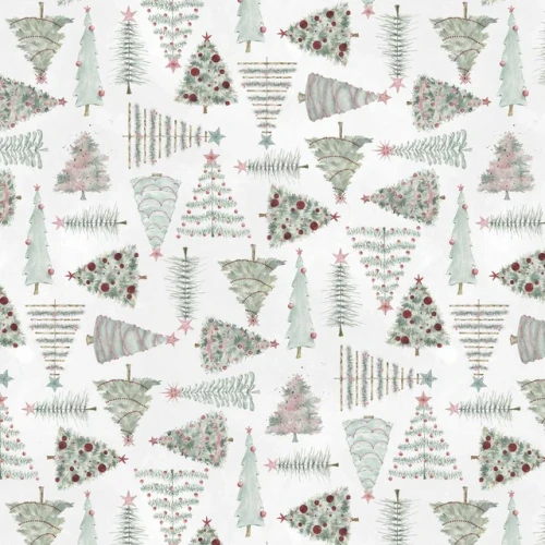Just a Dusting Watercolor Christmas Trees Pearl-White Cotton Fabric
