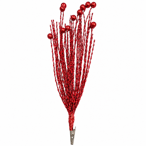 12" Red Foil Curly Spray with Berries & Clip