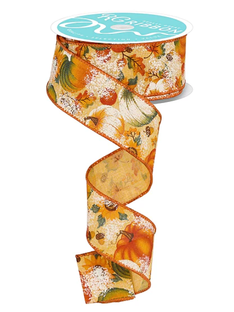 Pumpkin, Sunflower, and Leaves Wired Ribbon 1.5"