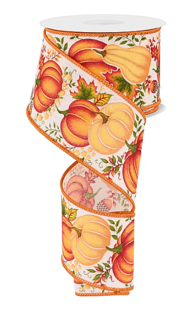 Fall Pumpkin, Gourd, and Leaves Wired Ribbon 2.5"