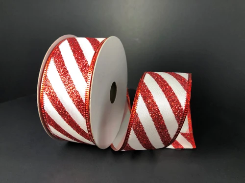 Glitter Candy Cane Stripe Wired Ribbon 1.5"