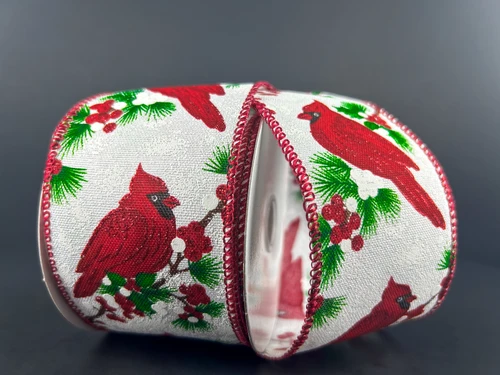White Linen Cardinal, Pine, and Berries Wired Ribbon 2.5"