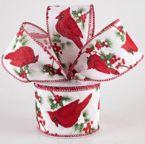 White Linen Cardinal, Pine, and Berries Wired Ribbon 2.5"