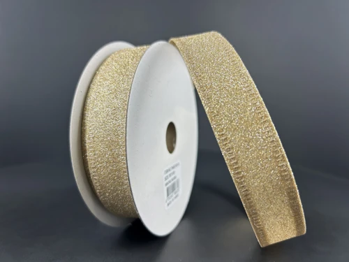 7/8" All Flat Glitter Wired Ribbon: Champagne Gold (10 Yards)