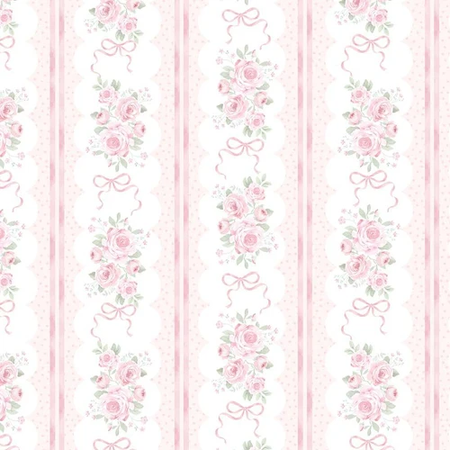 Pretty in Pink Ribbon Floral Stripes White Cotton Fabric