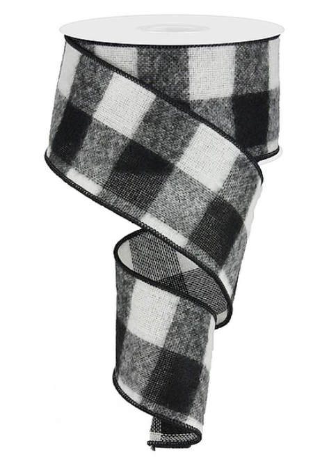Black & White Fuzzy Large Buffalo Plaid Wired Ribbon 2.5"