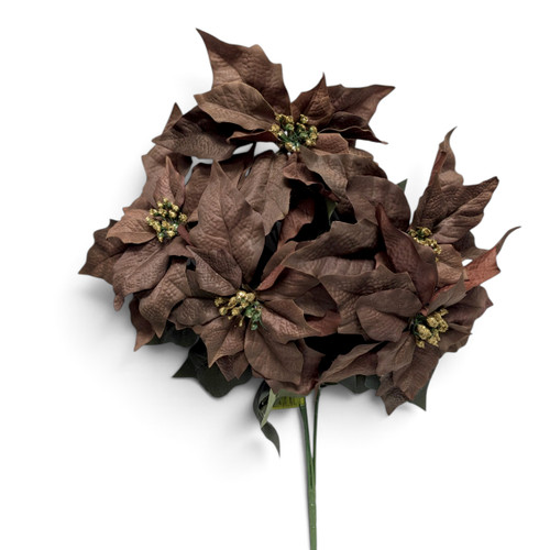Chocolate Brown Poinsettia Bush with Textured Petals and Gold Glitter Centers