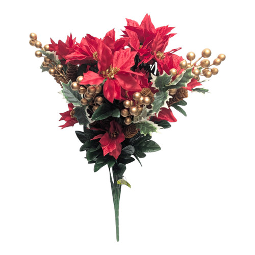 Red Poinsettia Bush with Gold Berries, Pinecones & Variegated Holly