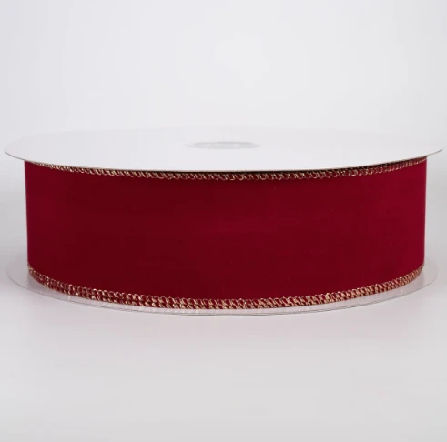 2.5" Dark Red with Gold Wired Velvet Ribbon (25 Yards)