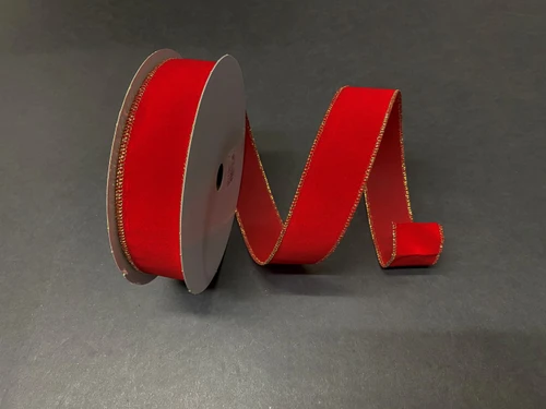 1.5" Holiday Red with Gold Wired Velvet Ribbon (25 Yards)