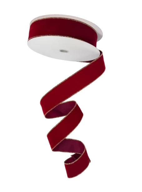1.5" Dark Red with Gold Wired Velvet Ribbon (25 Yards)
