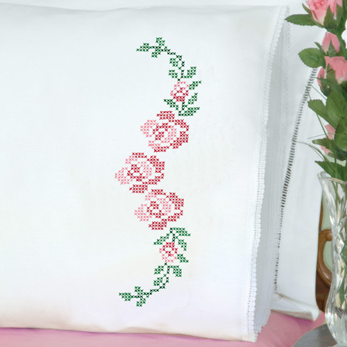 Cross Stitch Rose Vine Lace Edge Pillowcases