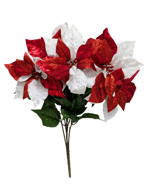 White & Red Metallic Velvet Poinsettia Bush White & Red Metallic Velvet Poinsettia Bush