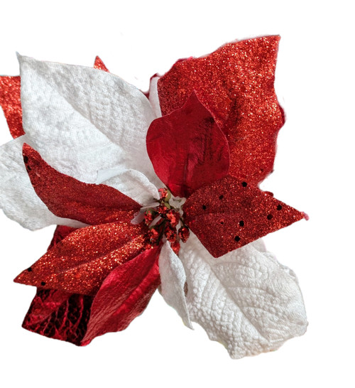 White & Red Metallic Velvet Poinsettia Bush White & Red Metallic Velvet Poinsettia Bush