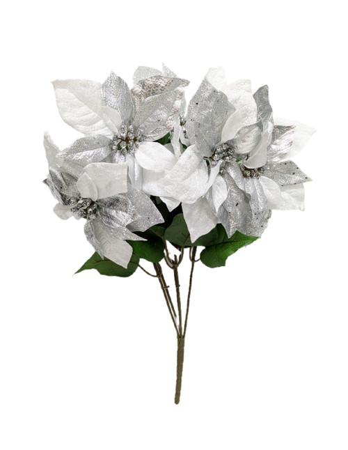 White & Silver Metallic Velvet Poinsettia Bush White & Silver Metallic Velvet Poinsettia Bush