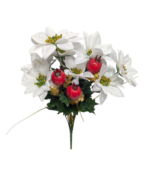 White Poinsettia Bush with Pomegranate & Gold Accents White Poinsettia Bush with Pomegranate & Gold Accents