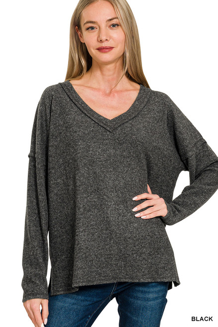 Ribbed V-Neck Drop Shoulder Top