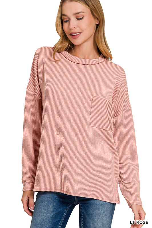 Corded Rib Long Sleeve Drop Shoulder Top - Multiple Colors