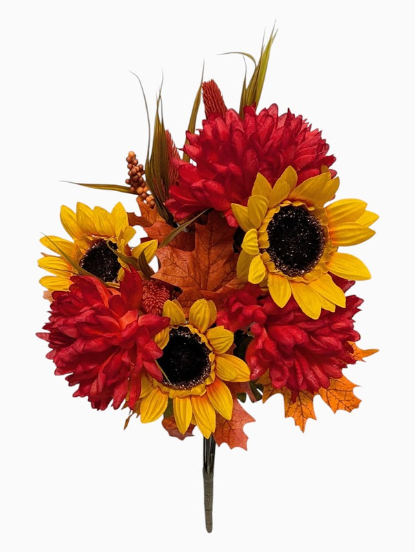 Sunflowers & Ball Mums W/ Fall Leaves - Orange Yellow