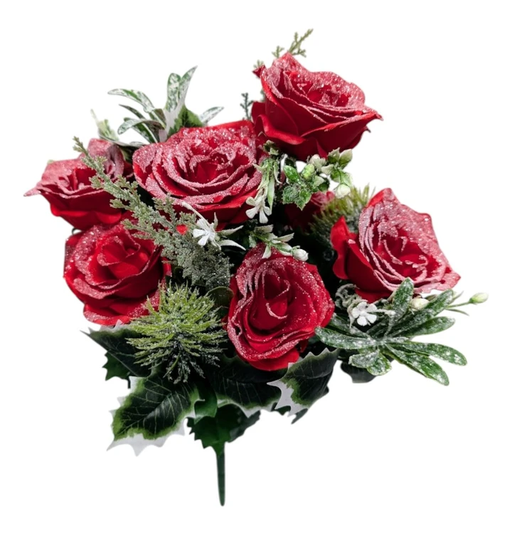Frosted Red Rose, Holly & Pine Bush
