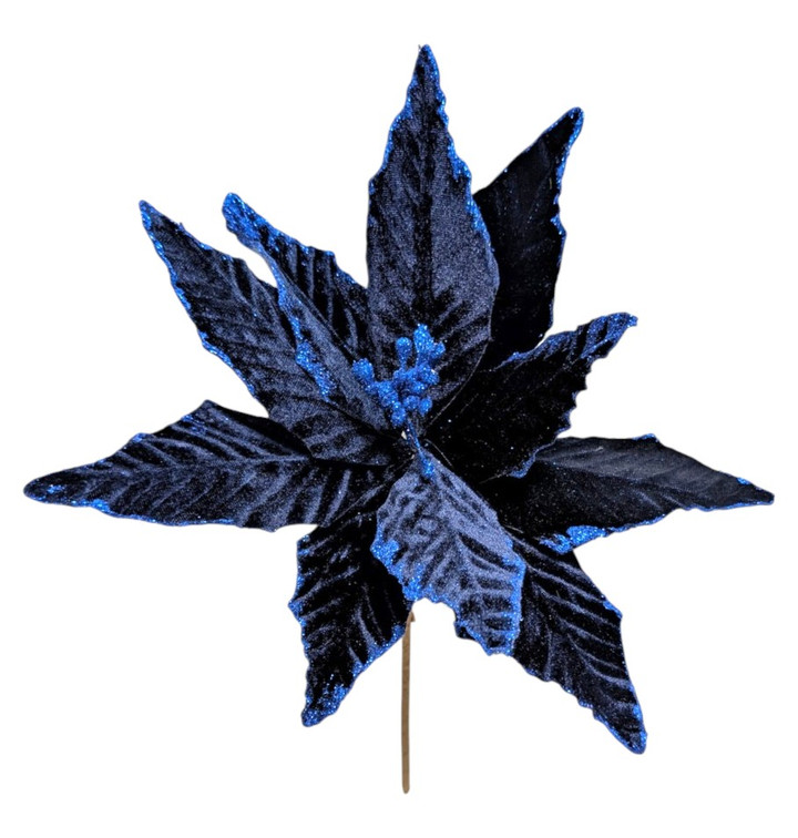 12-Inch Navy Blue Velvet Poinsettia Pick with Shapeable Leaves