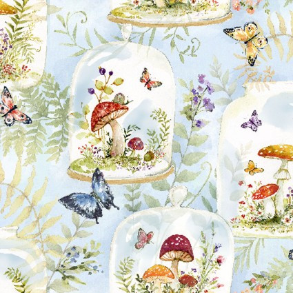 Whimsical Mushroom Jars & Butterflies Cotton Fabric by Susan Winget 