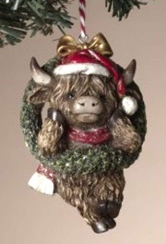 Holiday Highland Cow in Wreath Ornament
