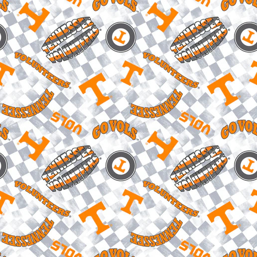 Official Tennessee Volunteers Checkered Canvas COTTON DUCK Fabric - White T-Logo Print (TEN1380)