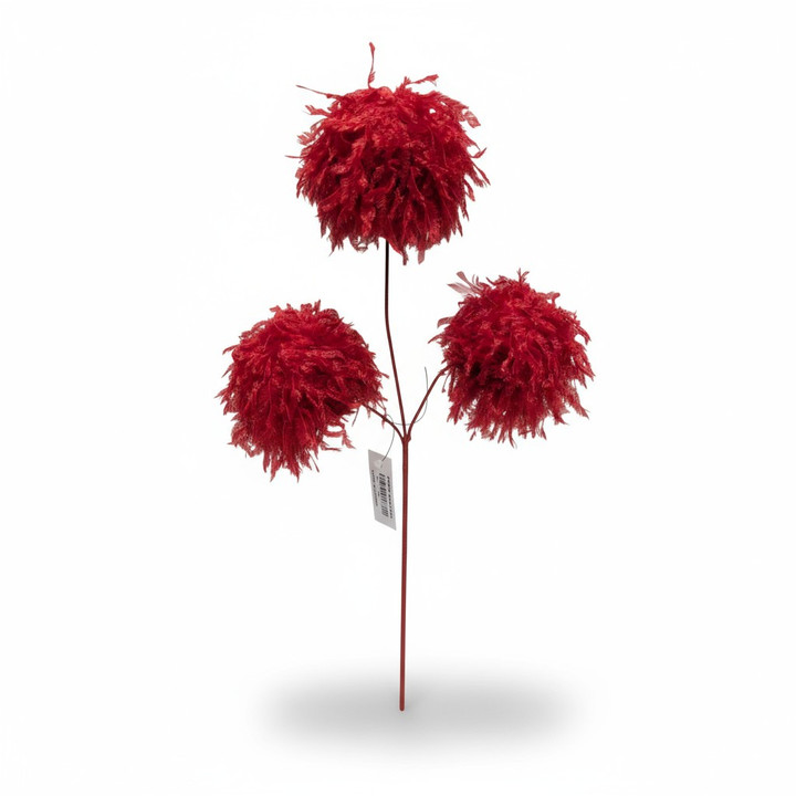 Red Fuzzy Pom-Pom Floral Spray (Shag Texture)