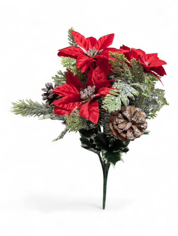 Silver Iced Glitter Poinsettia Pinecone Bush
