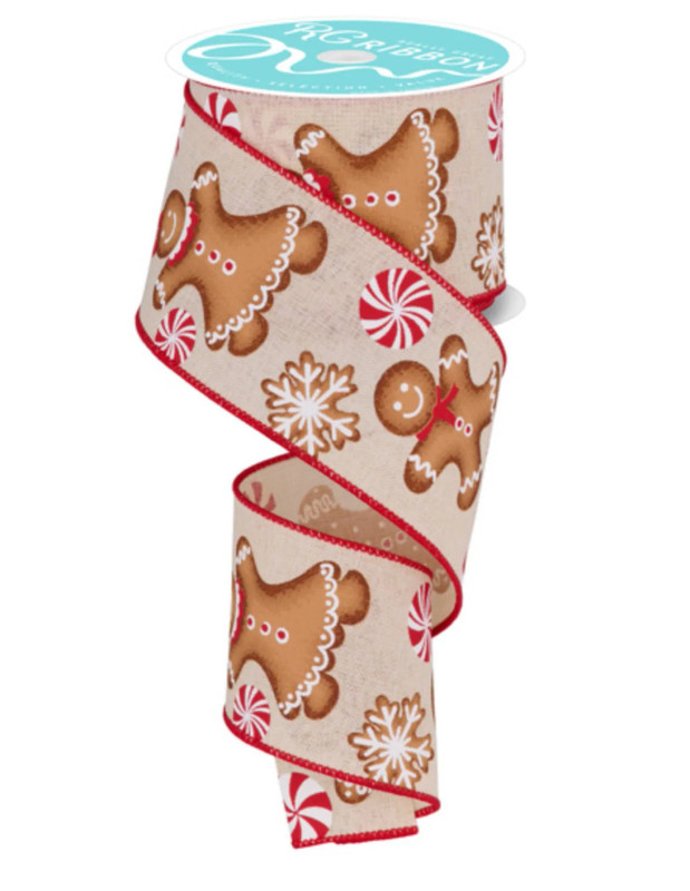 Tan Gingerbread Ribbon With Peppermints, Snowflakes, & Hearts  (2.5" X 10YDS)