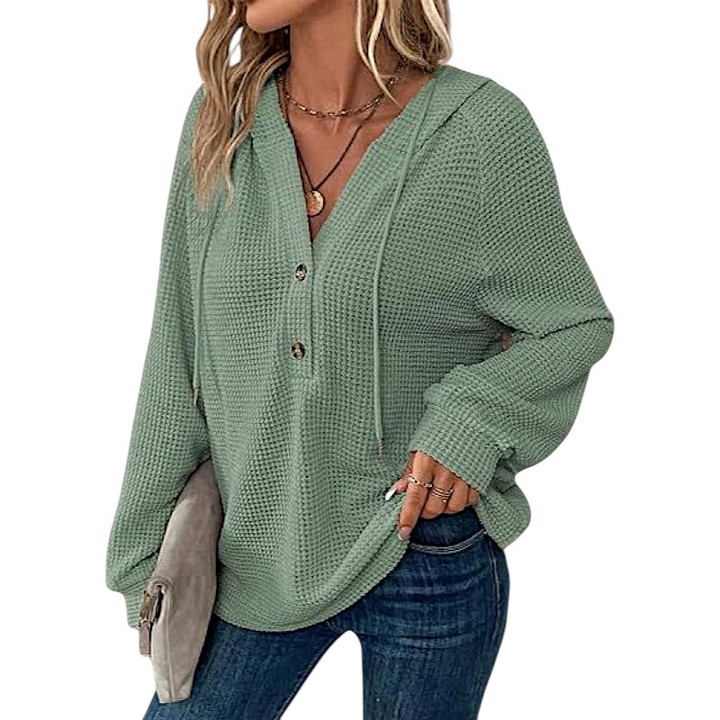 Relaxed Fit Waffle Knit Henley Hoodie