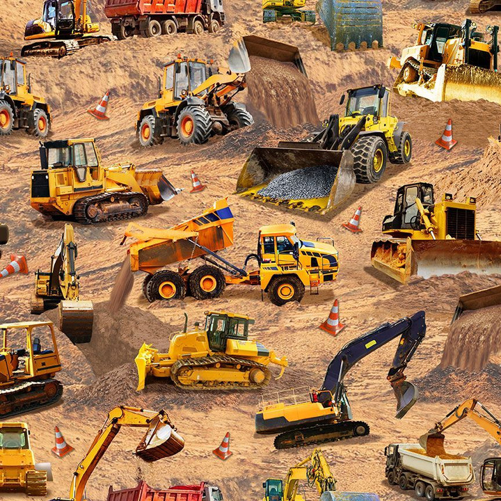 Keep On Truckin' Construction Site Scene Fabric by Michael Searle