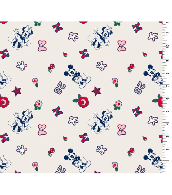OFFICIALLY LICENSED Disney Mickey and Minnie Icons Cotton Fabric – Navy & Red Floral Stars on White