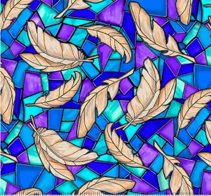 Guardian Angel Feathers on Stained Glass Fabric – Blue/Multi Cotton