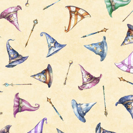 Lil' Wizards Hat Toss Fabric: Magical Wizarding Hats in Cream
