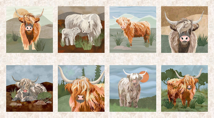 Watercolor Highland Cow 24"x44" Vanilla Quilt Block Panel - Highlander by Cat Thurman Designs