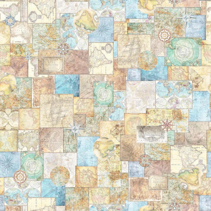 Globetrotter Map Collage Blue/Multi Fabric by QT Fabrics