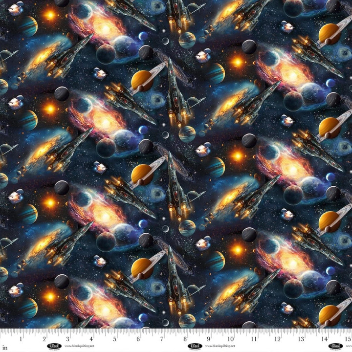 Space Cadet Spacecrafts Black Digital Cotton Fabric by Francesco Moretti