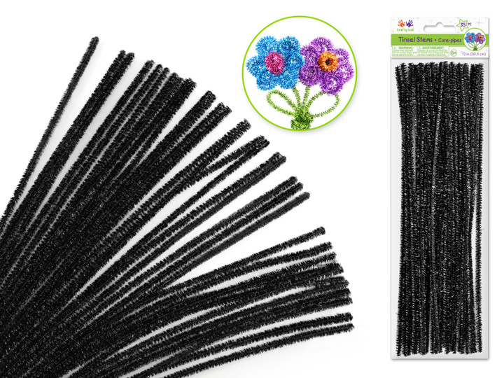 BLACK TINSEL GLITTER Premium 35-Count Chenille Stems - 6mm x 12"
