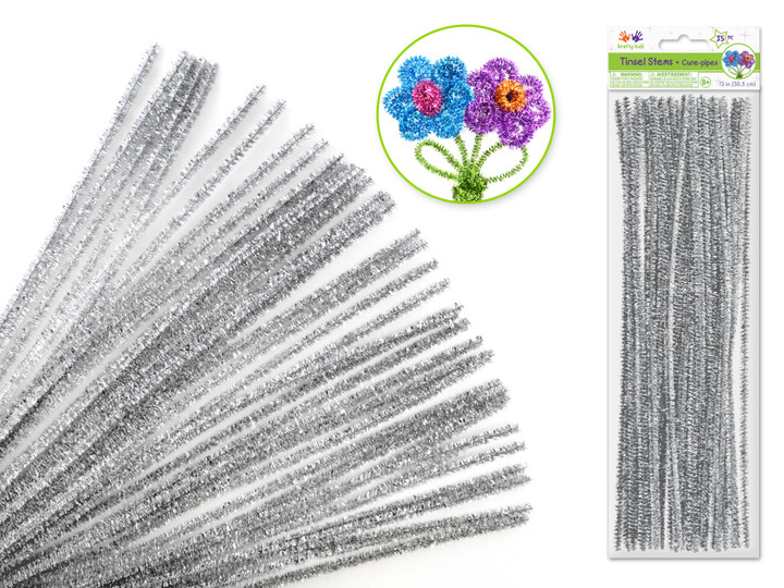 SILVER TINSEL GLITTER Premium 35-Count Chenille Stems - 6mm x 12"