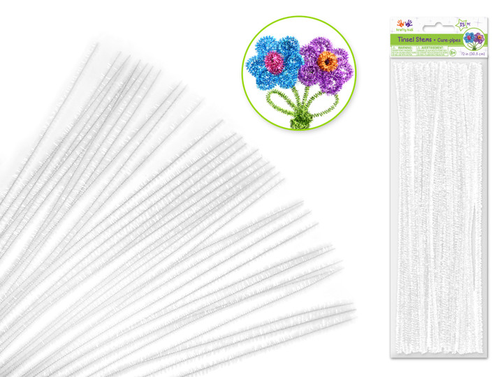 WHITE TINSEL GLITTER Premium 35-Count Chenille Stems - 6mm x 12"