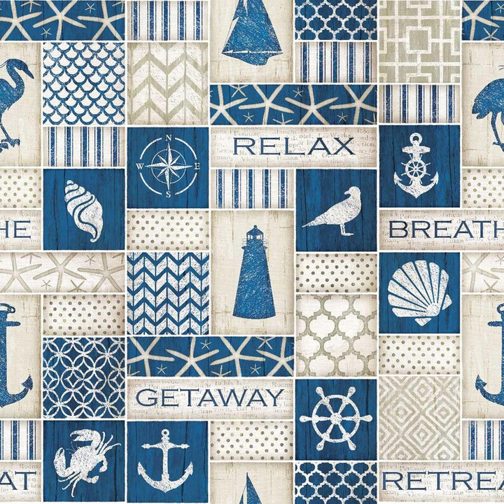 Coastal Blues Collage Blue Tan Nautical Patchwork Fabric