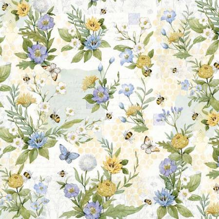 Sweet As Can Bee Floral Bees & Butterflies Cotton Fabric by Susan Winget