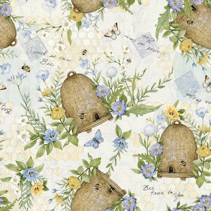 Sweet As Can Bee Watercolor Beehive & Floral Cotton Fabric by Susan Winget