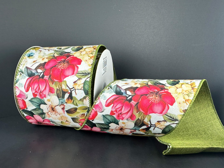A 4 inch wide roll of moss green and floral poly linen wired ribbon featuring a dense pattern of pink and yellow flowers.